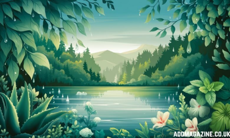 The image features a calming blend of lush greenery, soft water droplets, gentle waves, and natural ingredients like aloe vera, mint leaves, and floral elements, creating a serene atmosphere that emphasizes personal health, environmental sustainability, and the use of organic intimate care products with a soothing palette of greens, blues, and earth tones.