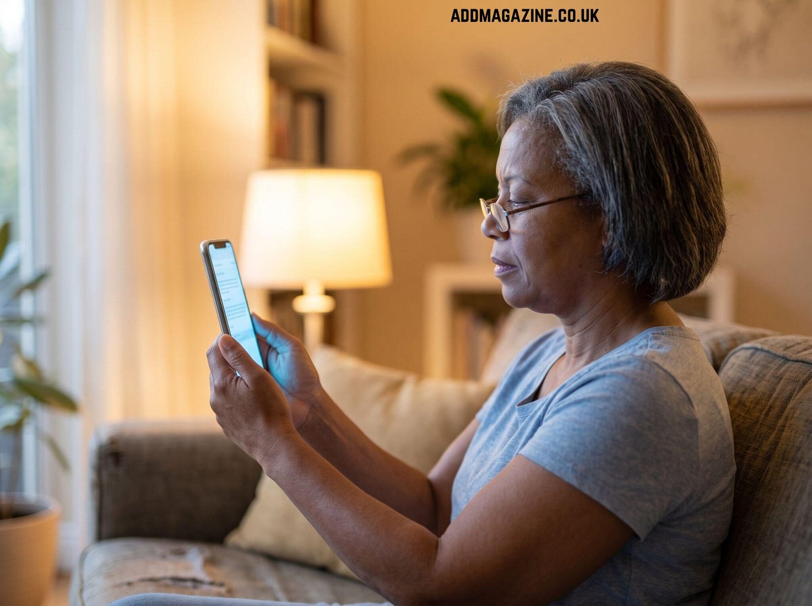 Woman in glasses holding her phone further from her face to read the screen.